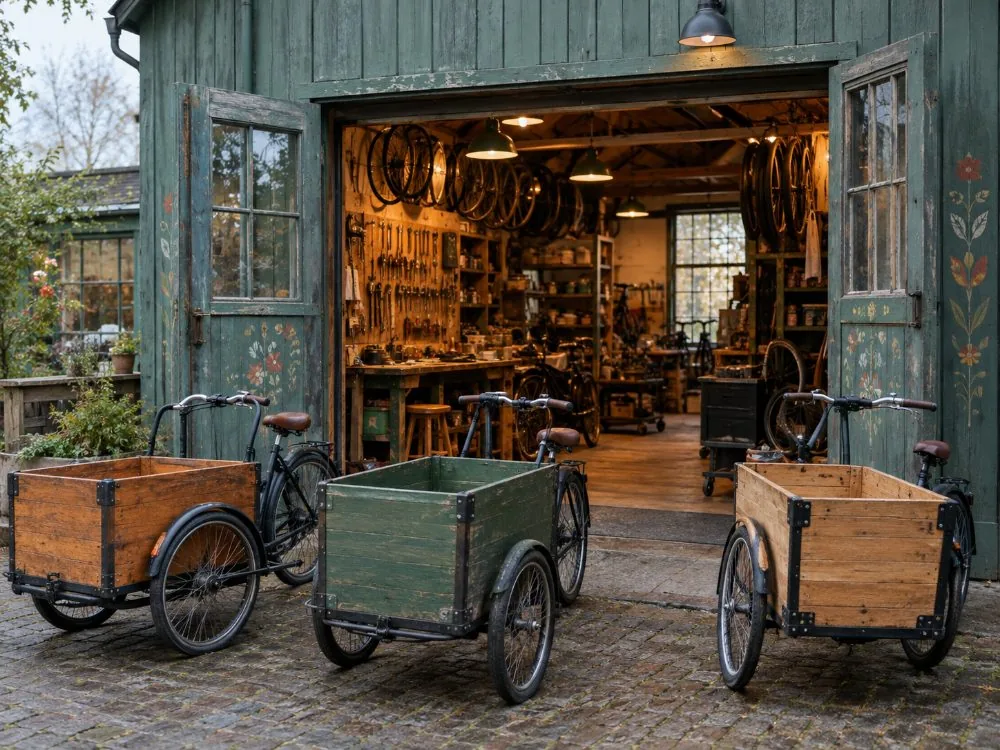 Eine Christianshavn-Fahrradwerkstatt der Art, die die ersten Lasten-Dreiräder baute